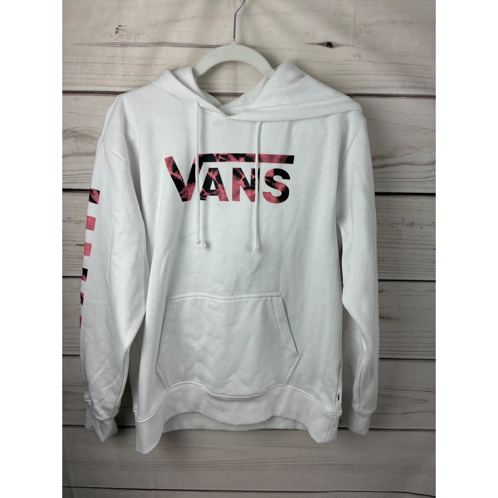 Vans Mens White Hoodie Pink Tie Dye Logo Checkerboard Sleeve Pullover Small